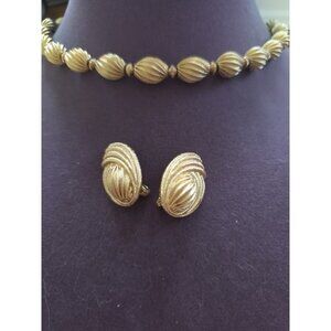 Monet GoldTone Oval Textured Bead Fold Over Clasp Necklace & Cl ip Earring Set